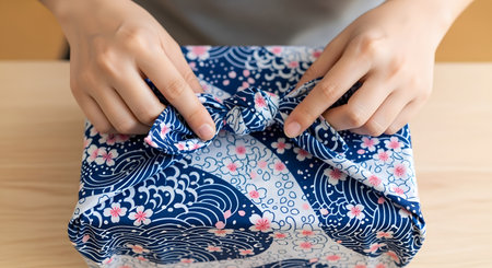 A person's hands are shown tying an elegant knot on a gift wrapped in a traditional Japanese Furoshiki cloth. The beautiful blue and white fabric with a floral pattern provides an eco-friendly and artistic alternative to paper gift wrap.の素材
