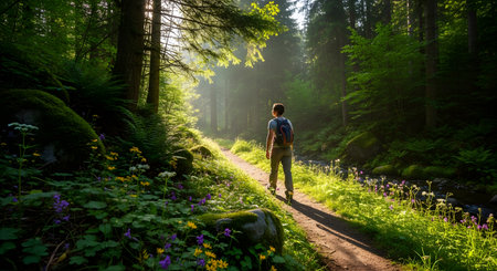 A lone hiker with a backpack walks along a dirt path in a lush, green forest, with beautiful sunbeams filtering through the tall trees. The tranquil scene is filled with wildflowers and mossy rocks, evoking a sense of peace, adventure, and connection with nature.の素材