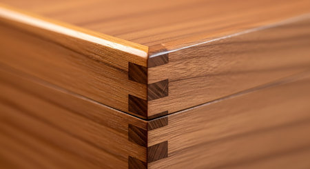 A detailed macro photograph of a perfectly crafted box joint on the corner of a wooden box, showcasing exceptional woodworking skill. The seamless connection of the interlocking "fingers" highlights the precision, craftsmanship, and beauty of traditional joinery.の素材