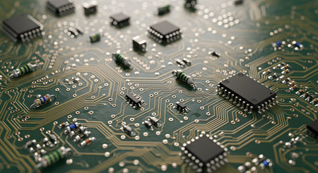 A detailed macro shot of a green printed circuit board (PCB) populated with various electronic components, including microchips, resistors, and capacitors. The intricate network of conductive pathways illustrates the complexity of modern technology and hardware.の素材