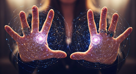 A woman holds out her hands, which are adorned with ornate rings, creating glowing orbs of energy in her palms. A complex web of digital or magical light connects her fingers, symbolizing power, creation, magic, technology, or the metaverse. The image is mystical and futuristic.の素材