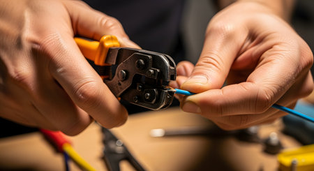 A close-up of an electrician's hands using a wire crimping tool to attach a connector to the end of a blue electrical cable. The image focuses on the detailed, skilled work involved in electrical repair and installation.の素材