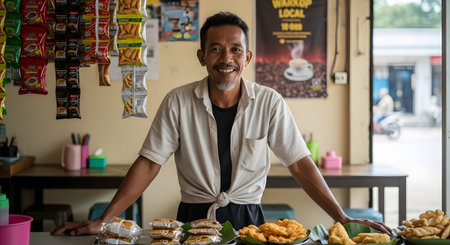 A friendly and happy middle-aged Indonesian man, the owner of a small local shop or 'warung', smiles proudly for the camera behind his counter. He stands with a display of traditional snacks and coffee products, representing local entrepreneurship and small business in Southeast Asia.の素材