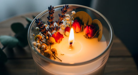 A beautifully lit aromatic candle in a glass jar, with dried lavender, rosebuds, and other botanicals embedded in the wax. The warm glow of the flame creates a cozy, tranquil, and relaxing atmosphere perfect for aromatherapy, self-care, and mindfulness.の素材