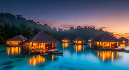 A stunning view of luxury overwater bungalows with thatched roofs, beautifully illuminated against a twilight sky at a tropical resort. The warm lights from the villas reflect perfectly on the calm, turquoise ocean, creating a scene of serene and idyllic travel.の素材
