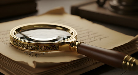 An ornate, vintage magnifying glass with a gold frame and wooden handle rests on top of an old, handwritten manuscript. The scene is set in a classic, scholarly environment, evoking themes of history, research, investigation, and discovery. The focus is on the intricate details of the magnifying glass and the aged paper.の素材