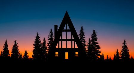 A minimalist silhouette of a modern A-frame cabin stands among a line of pine trees against a beautiful twilight sky with a gradient of orange, purple, and blue. The warm glow from the cabin's windows suggests a cozy and peaceful retreat in nature.の素材