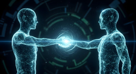 Two digital human figures, constructed from a glowing blue plexus network, shake hands in a futuristic, high-tech environment. This concept art represents digital connection, artificial intelligence, virtual reality, and agreements in cyberspace.の素材