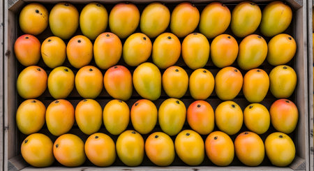 A top-down view of a wooden crate completely filled with fresh, ripe mangoes. The yellow and orange fruits are neatly arranged in rows, creating a vibrant, textured pattern that represents a bountiful harvest and selling of tropical fruits at a market.の素材