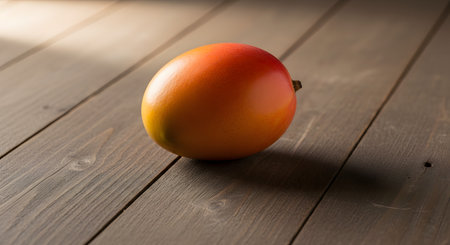 A single, fresh, and ripe mango with a beautiful red and yellow blush rests on a rustic wooden plank table. The scene is illuminated by soft, natural light, highlighting the fruit's smooth skin and creating a simple, minimalist still life. This image represents simplicity, healthy eating, and fresh tropical fruit.の素材