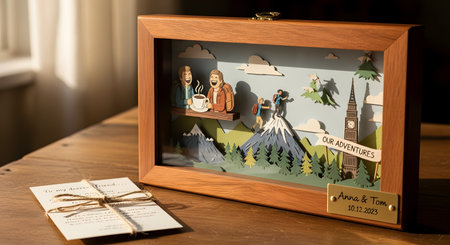 A personalized and sentimental gift, featuring a 3D shadow box made of layered paper art that depicts a couple's adventures like hiking and drinking coffee in the mountains. The wooden frame has a brass plate engraved with names and a date, and a heartfelt note sits beside it. This image represents thoughtful gifts, love, relationships, and cherished memories.の素材