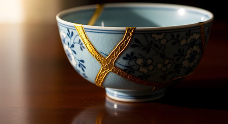 A beautiful blue and white ceramic bowl repaired with gold lacquer, showcasing the Japanese art of Kintsugi. The golden cracks highlight the beauty in imperfection and resilience. The bowl rests on a dark wooden surface, illuminated by soft light.の素材