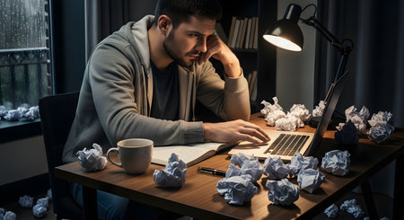 A stressed man sits at his desk at night, surrounded by crumpled pieces of paper, experiencing writer's block. He looks intently at his laptop screen under a desk lamp, showcasing the struggles of creativity, deadlines, and burnout. The moody lighting enhances the feeling of frustration and isolation.の素材