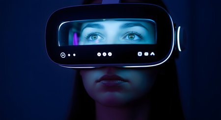 A close-up portrait of a woman wearing a futuristic virtual reality headset with a transparent screen, revealing her focused eyes. The scene is illuminated by cool blue and purple lights, representing the metaverse, augmented reality, and advanced technology.の素材