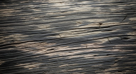 A macro, close-up photograph of a dark, weathered wood surface. The deep cracks and pronounced grain create a rough, rustic texture, with lighter brown wood showing through the worn, dark finish. This image is an ideal background for themes of age, nature, and rustic design.の素材