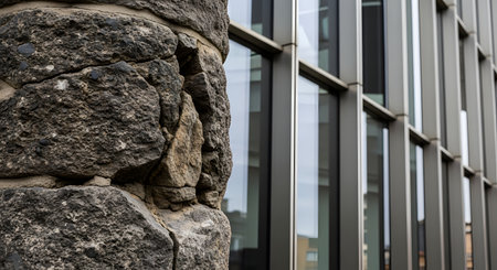 A striking architectural detail image showing the contrast between a rough, weathered old stone wall and the clean, geometric lines of a modern building with large glass windows and metal frames. This juxtaposition highlights the blend of history and contemporary design in an urban environment. It represents concepts of time, progress, and preservation.の素材
