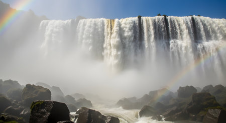 A wide, powerful waterfall crashes down into a rocky basin, creating a thick cloud of mist where a beautiful double rainbow has formed. The scene captures the immense power and beauty of nature.の素材