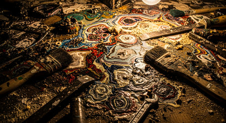 A chaotic and textured close-up of an artist's workbench, covered in thick, swirled layers of dried, colorful paint. Used paintbrushes and other art tools are strewn across the messy surface, illuminated by the warm glow of a single light bulb, symbolizing the creative process.の素材