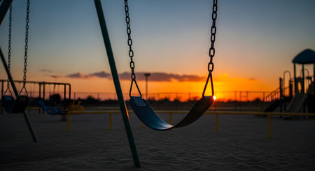 The silhouette of an empty swing set in a playground at sunset. The vibrant colors of the setting sun create a warm, orange and blue sky in the background. The scene has a nostalgic and slightly melancholic feel, representing childhood, memories, and the passage of time.の素材