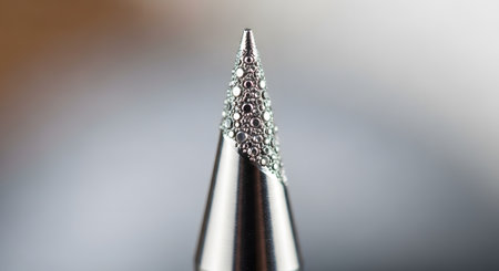 An extreme macro photograph of the tip of a diamond-coated drill bit or burr. The conical metal tip is encrusted with tiny, abrasive diamond particles, showcasing the tool's precision and hardness. The background is softly blurred, focusing on the intricate texture of the industrial tool.の素材