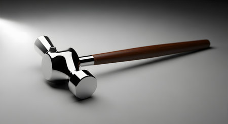 A sleek, modern double-headed hammer with a highly reflective chrome head and a smooth wooden handle. The tool is set against a minimalist gray background with dramatic studio lighting, highlighting its polished surfaces. This image can represent concepts of precision, craftsmanship, justice (like a gavel), or high-end tools.の素材
