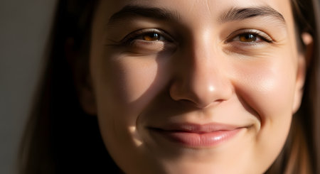 A close-up portrait of a young woman with a genuine, gentle smile, her face illuminated by soft, natural sunlight. Her skin appears healthy and glowing, showcasing natural beauty and authenticity. The image conveys happiness, confidence, and a sense of peaceful well-being.の素材