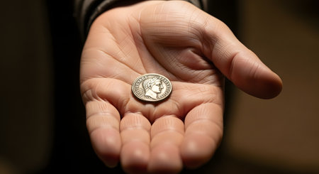 A close-up of a person's open palm holding a single ancient silver Roman coin, a denarius. The coin features the profile of an emperor, symbolizing history, archaeology, currency, value, and numismatics.の素材