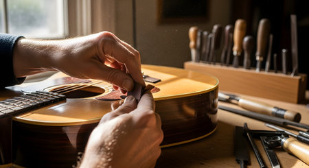 A craftsman's hands are shown carefully sanding the bridge of an acoustic guitar in a warm, sunlit workshop. Various luthier tools are visible in the background, creating an authentic atmosphere of traditional craftsmanship. The image represents the dedication, skill, and artistry of guitar making.の素材