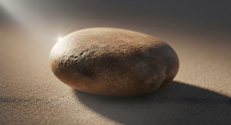 A close-up macro shot of a single, smooth brown stone resting on a textured sandy surface. A soft light from the side creates a subtle flare and shadow, evoking a sense of calm, peace, and simplicity in nature.の素材