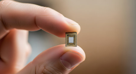 An extreme close-up shot of a person's thumb and forefinger holding a very small, intricate microchip. The shallow depth of field emphasizes the tiny scale of the electronic component against a blurred background. This image symbolizes advanced technology, miniaturization, and innovation.の素材