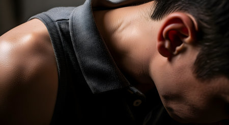 A dramatic close-up on the neck and shoulder of a man in a grey polo shirt, his head bowed down. The focused lighting highlights the tension in his neck and skin texture, conveying emotions of sadness, stress, exhaustion, or contemplation.の素材