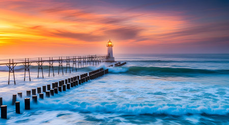 A scenic view of a lighthouse standing at the end of a long pier during a breathtaking sunset. The sky is filled with vibrant orange, yellow, and purple clouds, reflecting on the rolling ocean waves. The image evokes feelings of tranquility, guidance, and natural beauty.の素材