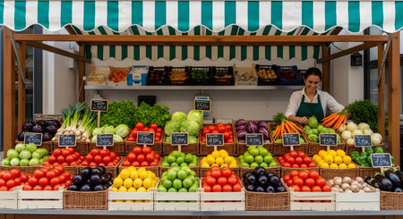 A cheerful female vendor stands behind a colorful farmers market stall brimming with fresh produce. The stall, under a striped green and white awning, displays neatly arranged baskets of tomatoes, lemons, lettuce, carrots, and other vegetables. The scene evokes concepts of healthy eating, local business, and organic food.の素材