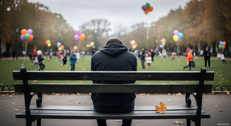 A man in a dark hoodie sits alone on a park bench with his back to the camera, appearing sad and contemplative. In the blurred background, a joyful celebration with children and colorful balloons is taking place, highlighting themes of loneliness, depression, and social isolation.の素材