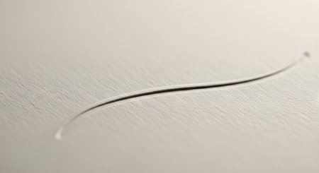 A minimalist macro photograph showing a single, elegant curved line embossed or debossed on a sheet of high-quality, textured white paper. The subtle play of light and shadow emphasizes the clean form and texture, conveying simplicity and elegance.の素材