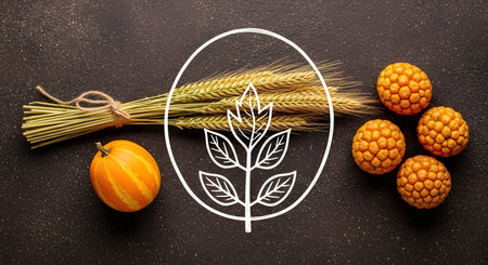 A top-down, flat lay arrangement on a dark, rustic surface symbolizing the autumn harvest. The composition includes a sheaf of wheat, a small pumpkin, and other natural elements, with a white line art icon of a plant in the center. This conceptual image represents agriculture, nature, and the fall season.の素材
