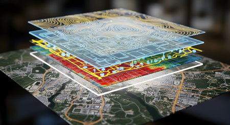 A conceptual visualization of a Geographic Information System (GIS) with multiple transparent layers stacked over a base map. The layers display various data types, including topographic contours, city grids, and heat maps, illustrating the process of geospatial analysis and data mapping.の素材