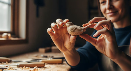 A smiling woman proudly holds up a small, intricately carved wooden bird in her workshop. The soft lighting and shallow depth of field focus on the delicate craftsmanship, representing artistry, hobbies, and the joy of creating.の素材