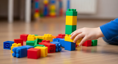 A close-up of a young child's hand stacking colorful plastic building blocks on a wooden floor. The scene represents childhood development, creative play, learning, and motor skills, with a tower being constructed from yellow, green, and blue bricks.の素材