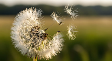 A macro shot of a dandelion seed head with some seeds detaching and floating away in the wind. The image is set against a soft, out-of-focus background of a field during golden hour, evoking feelings of change, freedom, and making a wish.の素材