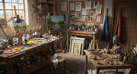 A cluttered and inspiring artist's studio filled with natural light from a large window. The room contains easels with paintings, workbenches covered in paint palettes and brushes, and sketches pinned to a corkboard, creating a scene of creativity and craftsmanship.の素材