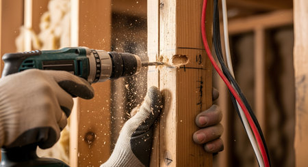 A close-up shot shows a construction worker wearing gloves using a power drill to make a hole in a wooden wall stud. Sawdust is flying, indicating active work on a construction or home renovation project.の素材