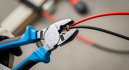 A close-up macro shot of an electrician's gloved hand using diagonal cutting pliers to cut red and black electrical wires. The image focuses on the precise action, representing electrical work, repairs, and installation.の素材