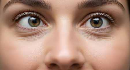An extreme close-up of a woman's beautiful hazel eyes, looking directly into the camera. The detailed shot highlights the texture of her skin, eyelashes, and the fine lines and wrinkles under her eyes, representing aging, beauty, and vision.の素材