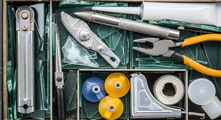 A top-down, flat lay view of a disorganized toolbox filled with various hand tools for glass repair. The compartments contain broken shards of glass, pliers, suction cups, a ratchet, and other specialized equipment.の素材