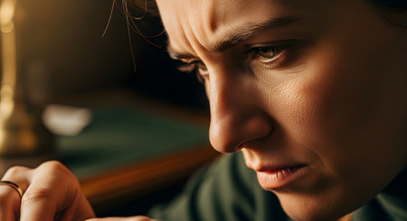 An intense close-up on a woman's face, showing her furrowed brow and focused, worried eyes. The dramatic lighting highlights the texture of her skin and the deep concentration or anxiety in her expression.の素材