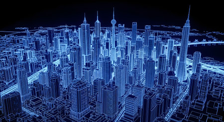 A digital, blue wireframe representation of a sprawling city skyline on a black background. This futuristic image visualizes concepts like the metaverse, smart city technology, urban planning, data visualization, and virtual reality architecture.の素材