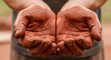 A close-up shot shows a pair of hands cupped together, completely covered in wet, reddish-brown clay. The texture of the clay on the palms and fingers represents pottery, craftsmanship, creativity, and working with natural materials.の素材