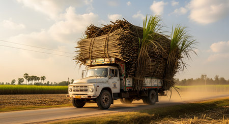 An overloaded truck hauls a massive load of harvested sugarcane stalks down a dusty rural road, kicking up dust in its wake. The scene captures the essence of agricultural harvest and transportation in a rural setting.の素材