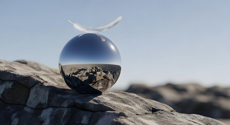 A surreal and conceptual image of a perfectly reflective chrome sphere resting on a rugged rock, with a delicate white feather balanced on top. The scene, set against a clear blue sky, symbolizes balance, fragility, harmony, and the contrast between nature and man-made objects.の素材